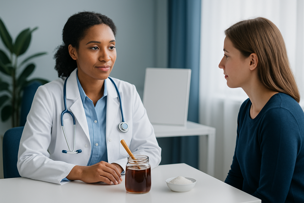 Doctor consulting with patient about honey health benefits in clinic.