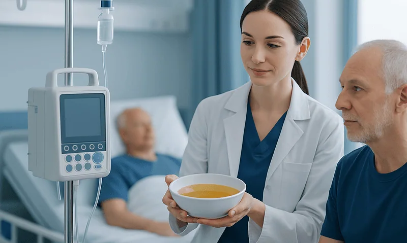 Nurse offering a bowl of soup to a patient in hospital bed.