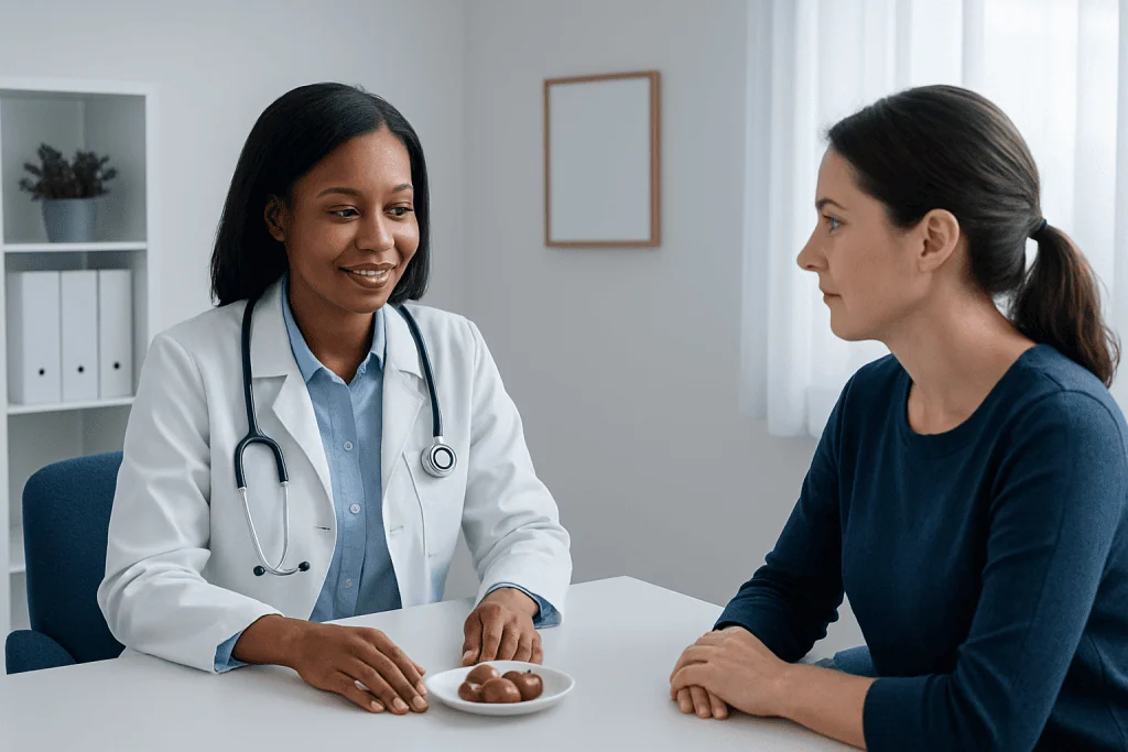 Doctor consulting with patient in a modern clinic setting.