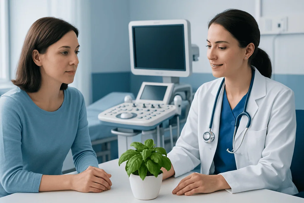 Doctor consulting with patient in a hospital room with medical equipment.