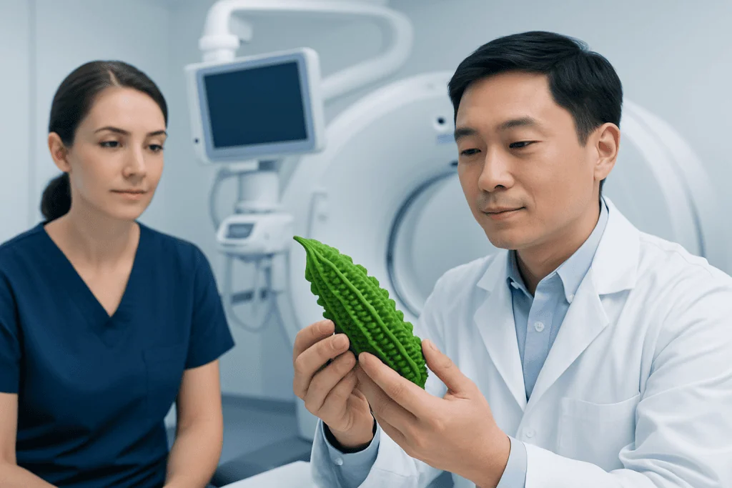 Doctor examining bitter melon in a medical setting with a nurse observing.