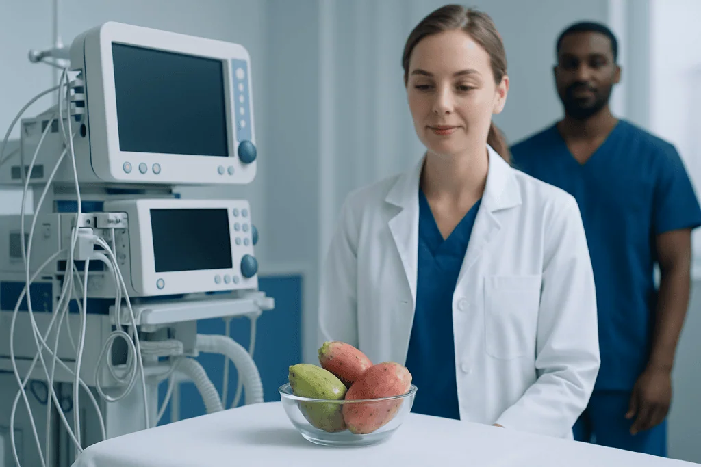 Medical professionals with apples in a hospital setting.