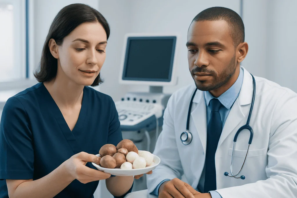 Medical professionals examining edible mushrooms in a clinical setting.