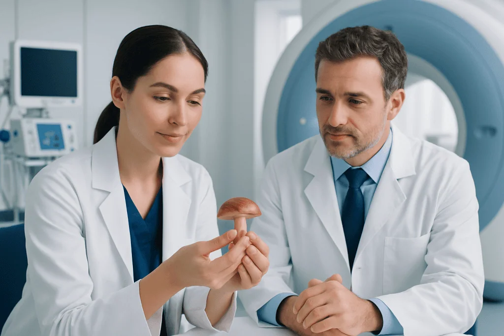 Doctors examining a mushroom in a medical setting at Acibadem Hospitals Group.