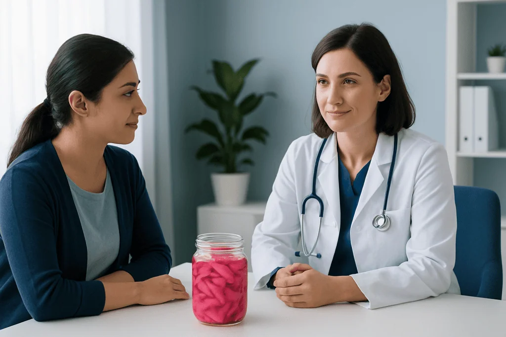 Doctor explaining health benefits of pickled turnips to patient.