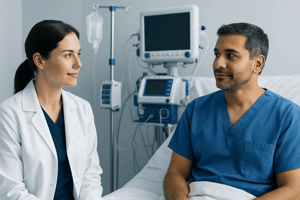 Medical consultation between a female doctor and male patient in hospital room.