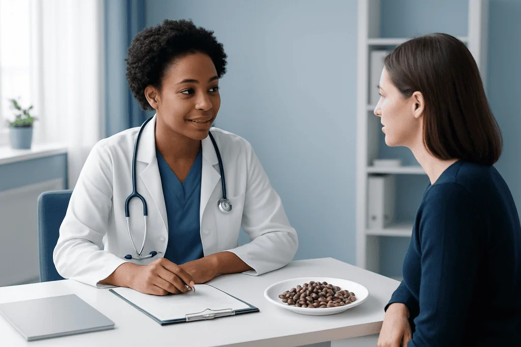 Doctor consulting with patient about health in a modern clinic setting.