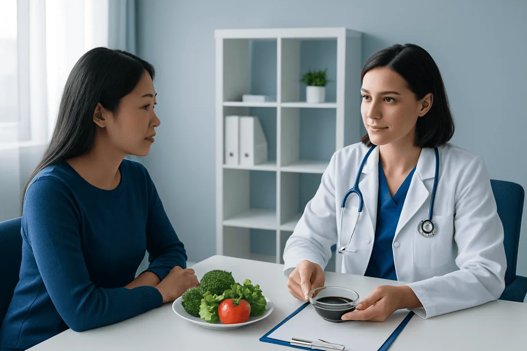 Doctor explaining dietary advice to patient with vegetables on table.