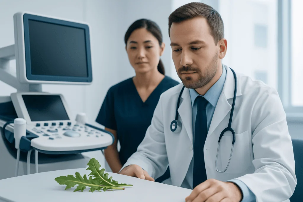 Doctor examining dandelion leaves in a medical setting.