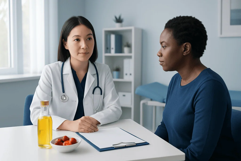 Doctor consulting a patient in a medical office with health-related items on the table.