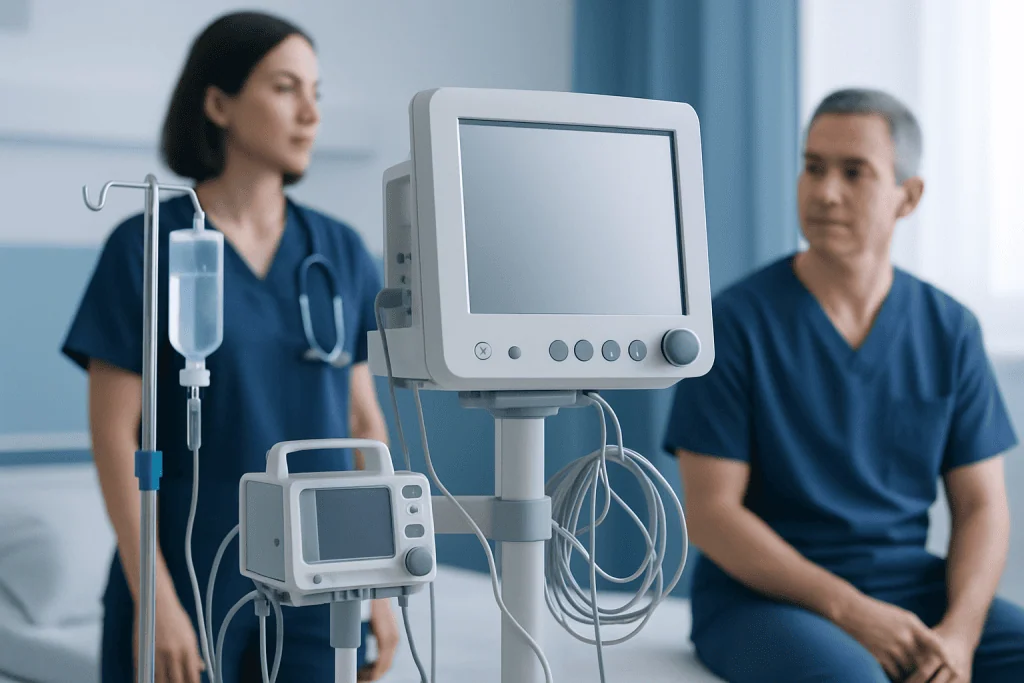 Medical professionals with monitoring equipment in a hospital setting.