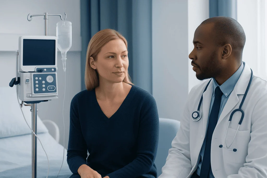 Doctor consulting with a female patient in a hospital room.