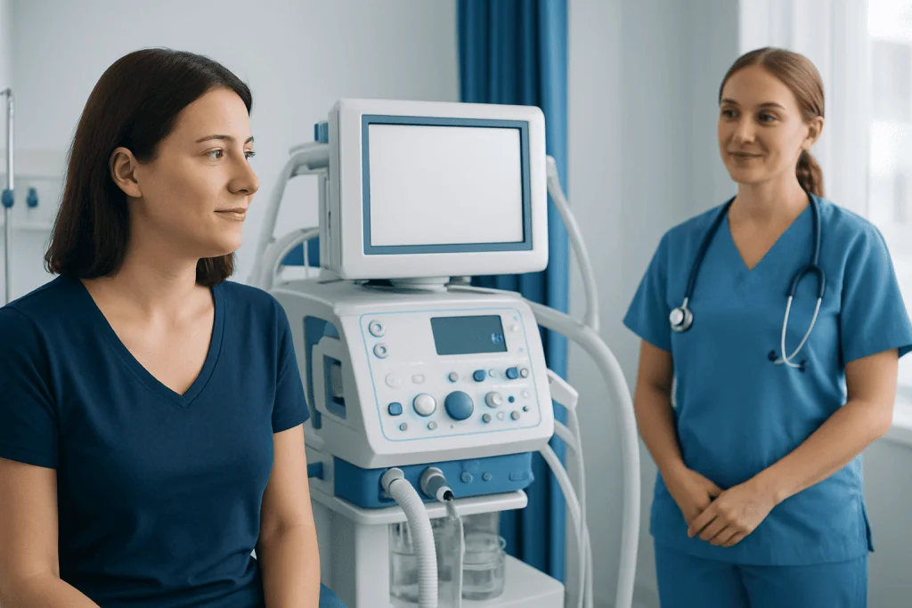Medical professionals with ultrasound equipment in a hospital room.