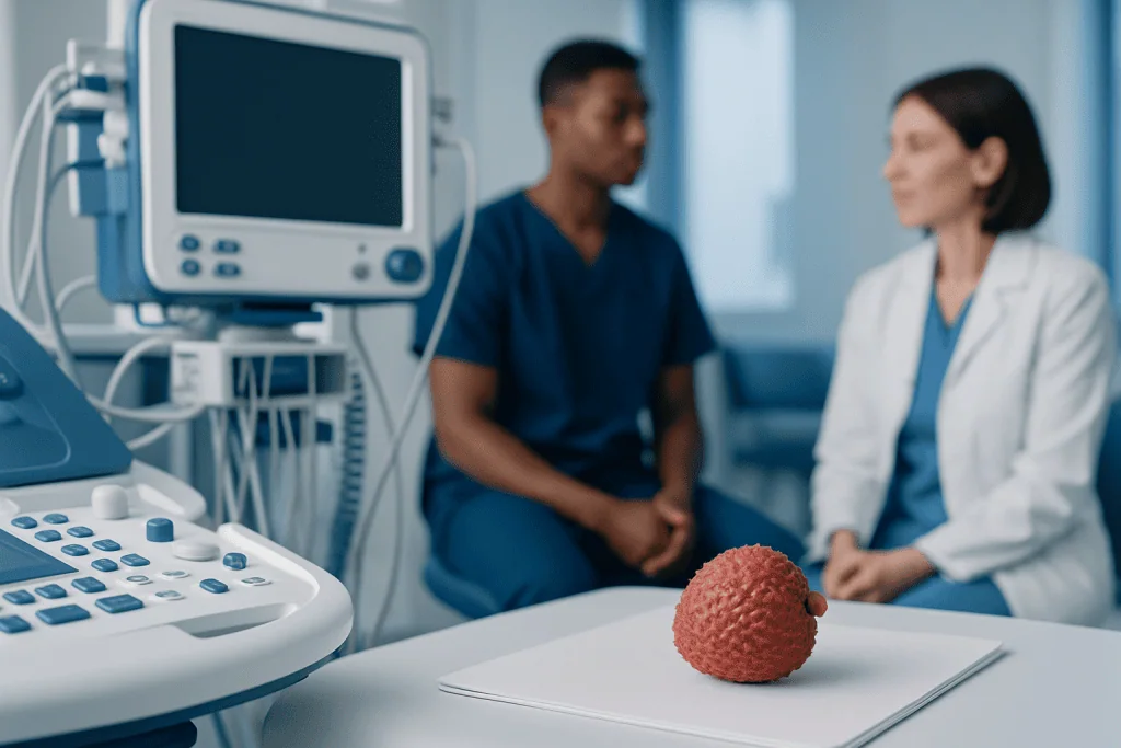 Medical consultation with ultrasound equipment and a heart model on the table.