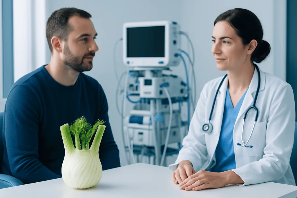 Doctor consulting patient in hospital with medical equipment in background.
