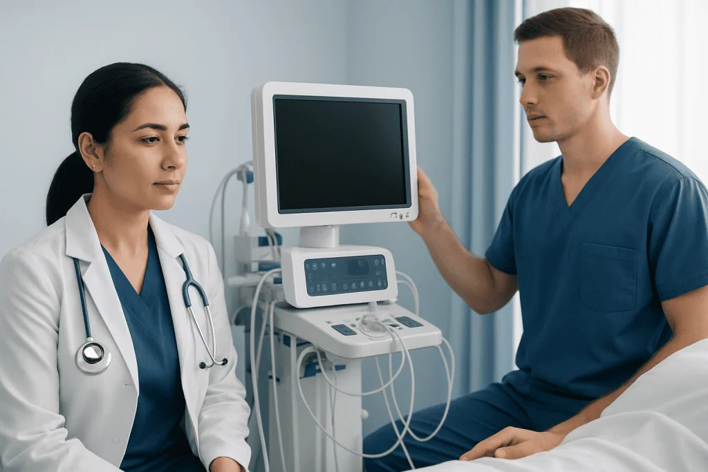 Medical professionals discussing patient care with ultrasound equipment in hospital.