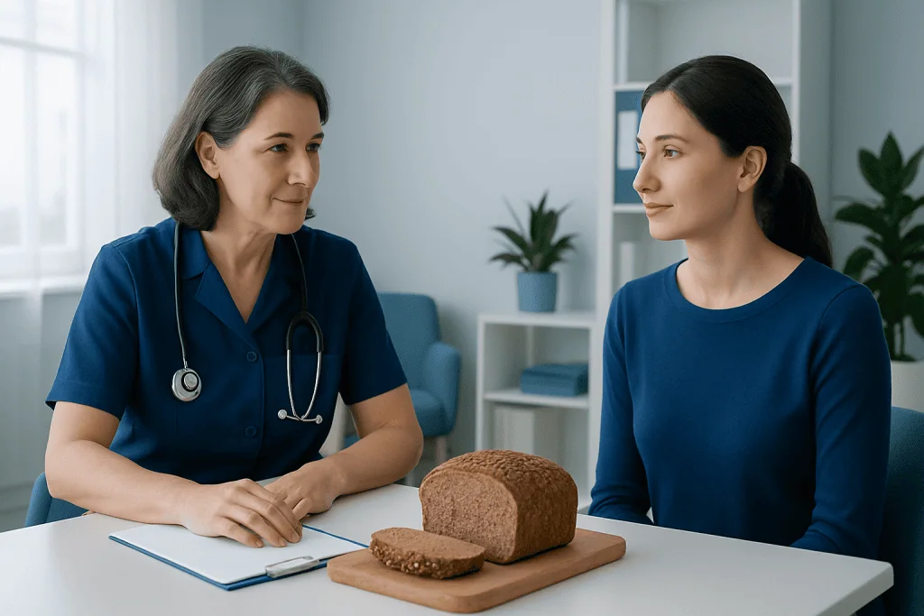 Doctor discussing whole grain bread benefits with patient in clinic setting.