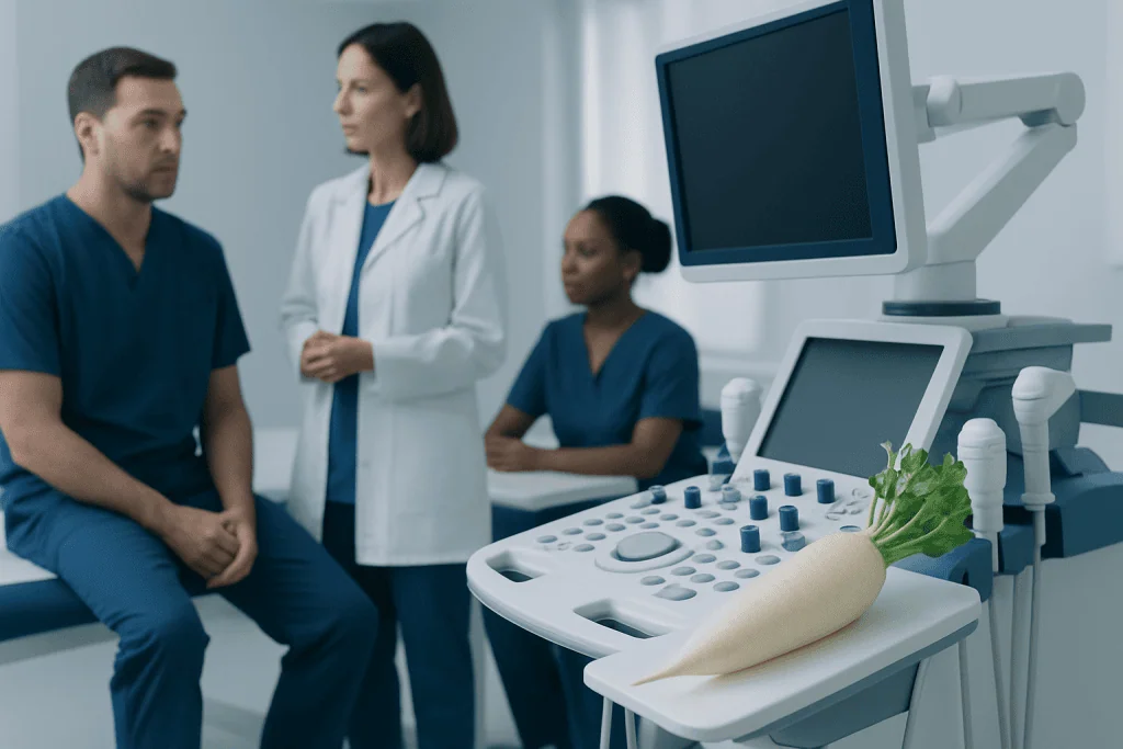 Medical consultation with ultrasound equipment and daikon radish on table.