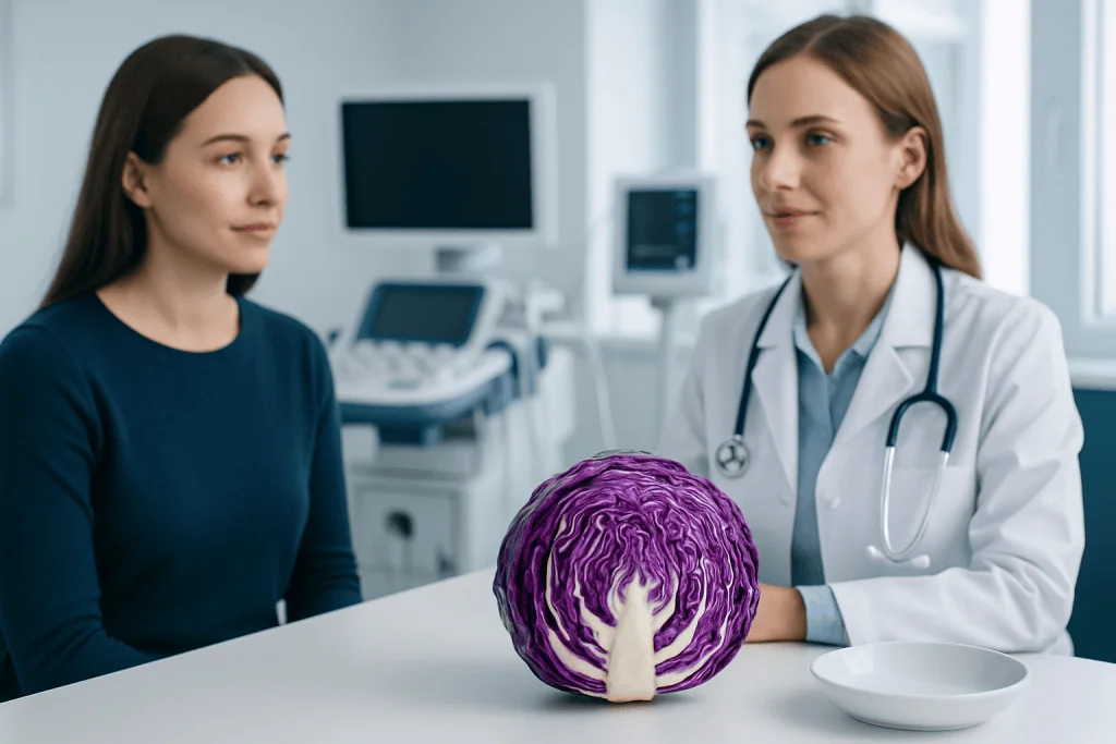 Doctor and patient discussing purple cabbage in medical consultation room.