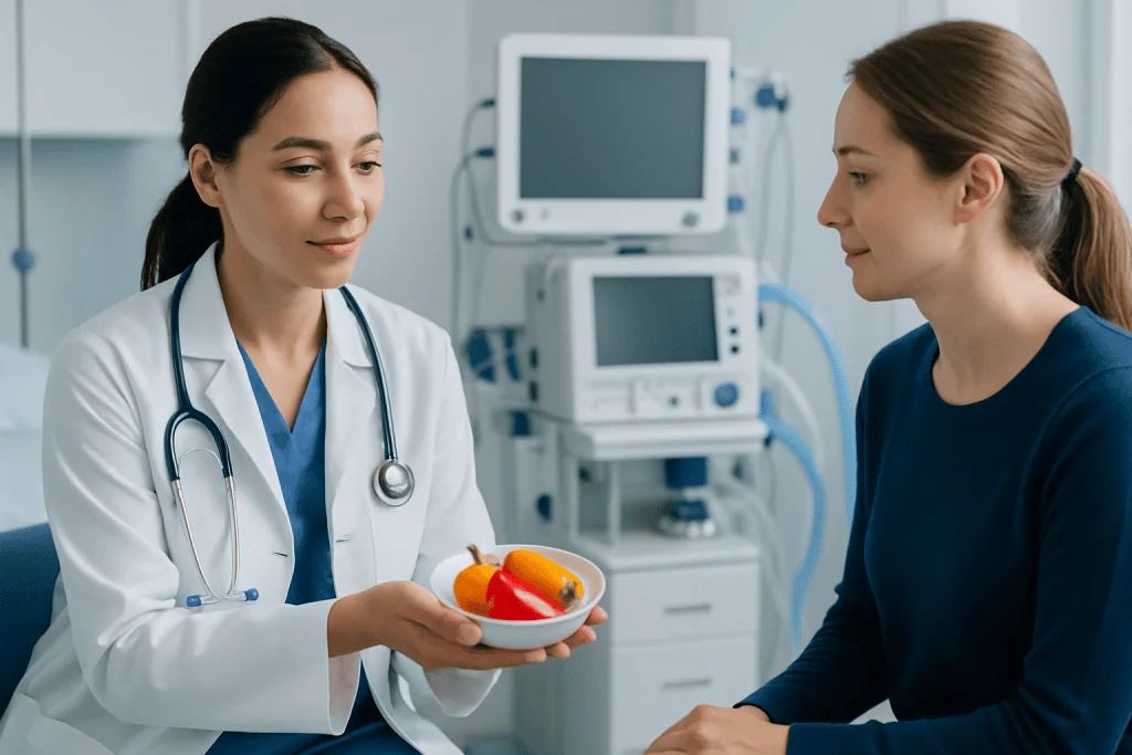 Doctor offering colorful peppers to patient in hospital setting.