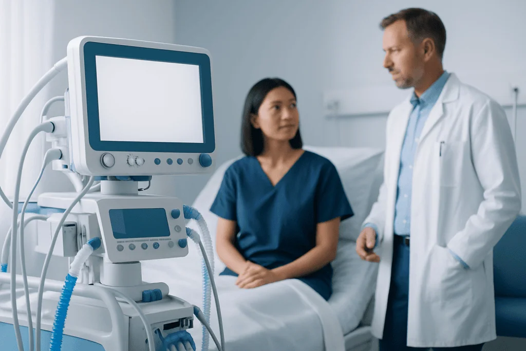 Doctor consulting patient in hospital room with medical equipment nearby.