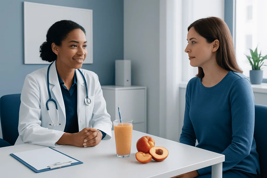 Doctor consulting with patient about healthy diet and smoothies.