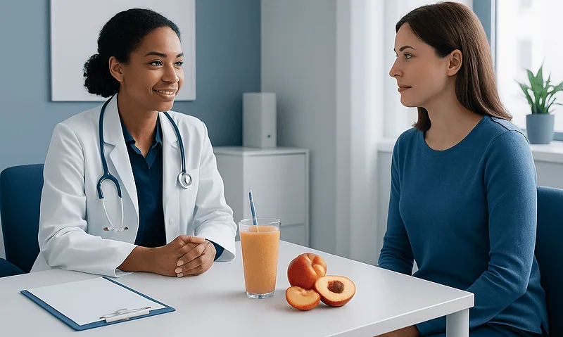 Doctor consulting with patient about healthy diet and smoothies.