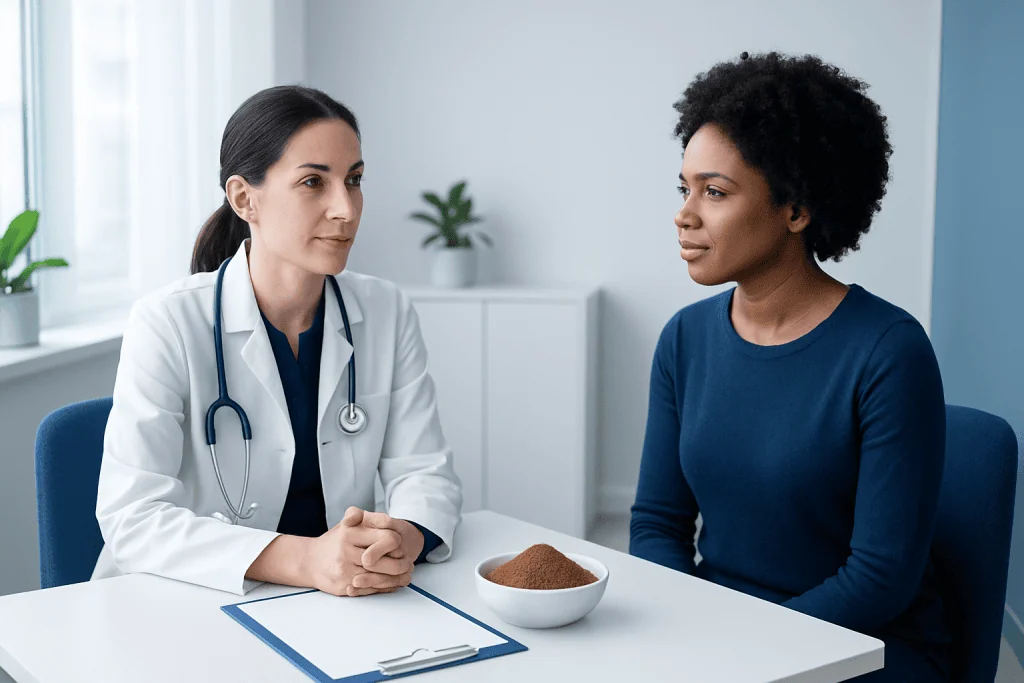 Doctor consulting with patient about health in a clinical setting.