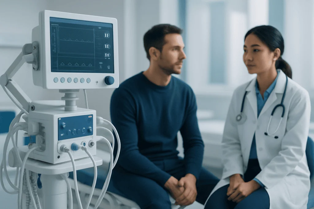 Doctor consulting with patient in hospital room with medical monitor.