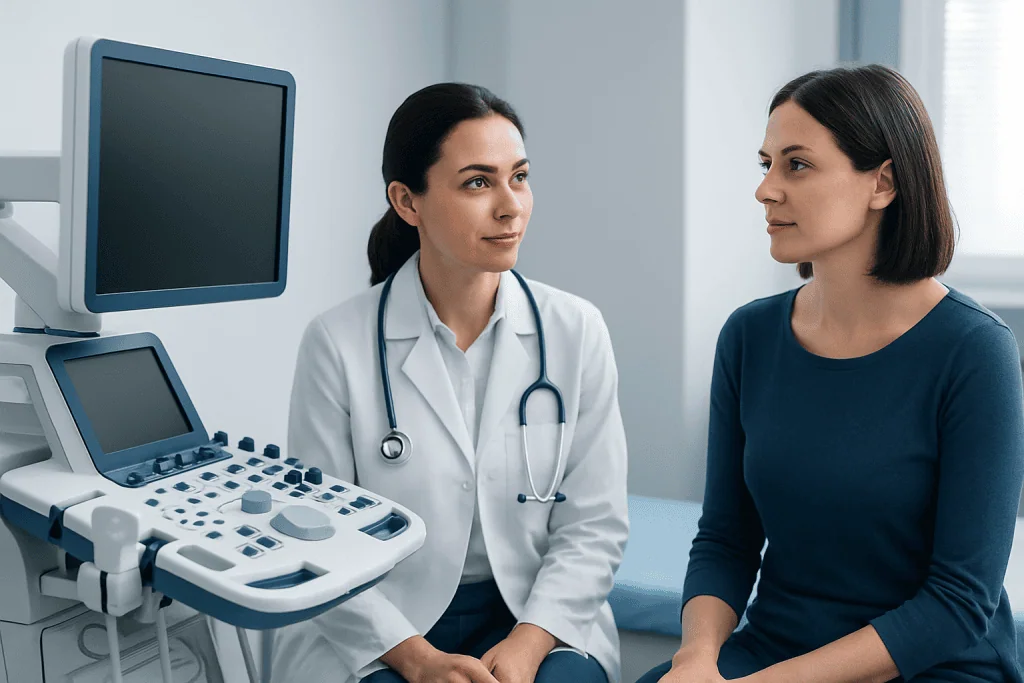 Doctor consulting with a patient in a medical examination room.