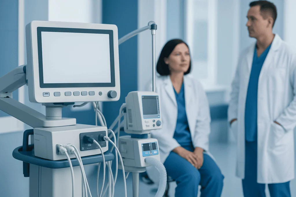 Medical team with ventilator and monitoring equipment in hospital.