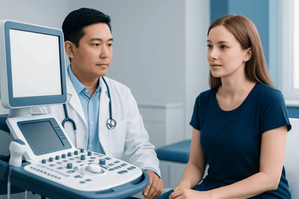 Doctor performing an ultrasound examination on a female patient in a clinical setting.