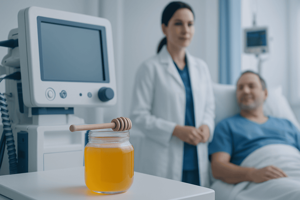 Medical professional with patient in hospital room with honey jar in foreground.