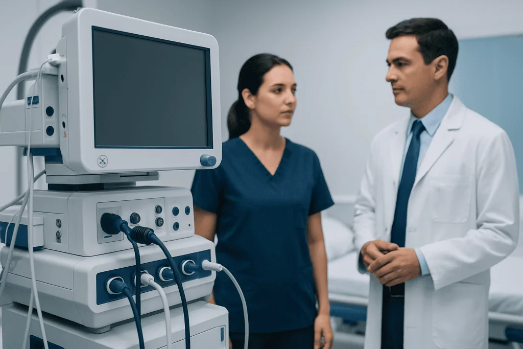Medical professionals discussing patient care in a hospital room.