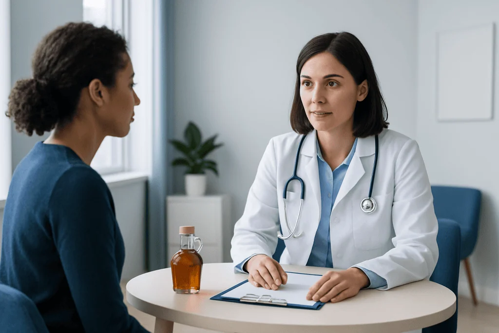 Doctor consulting with patient in a medical office setting.