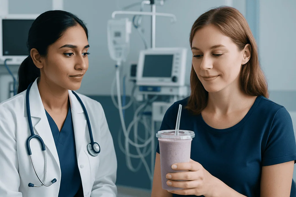 Medical professional consulting a patient with a smoothie in a hospital setting.