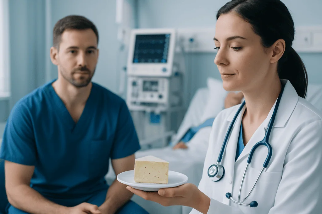 Doctor presenting a slice of cheese to a patient in a hospital room.