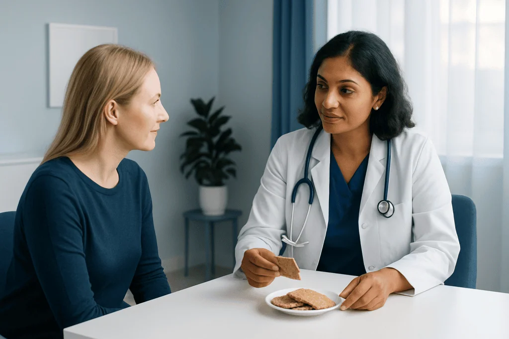 Doctor discussing whole grain crackers with patient in a medical consultation.