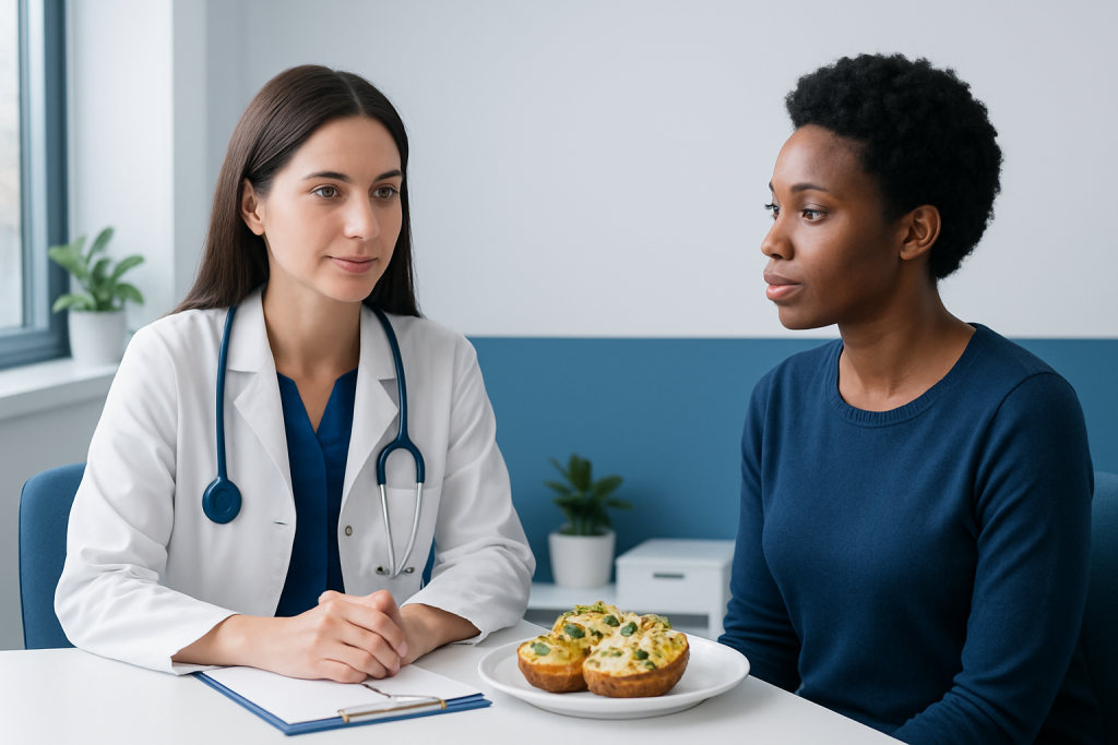 Doctor consulting a patient about twice baked potatoes recipe in a clinical setting.