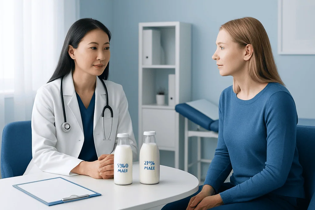 Doctor explaining milk differences to patient in clinic setting.