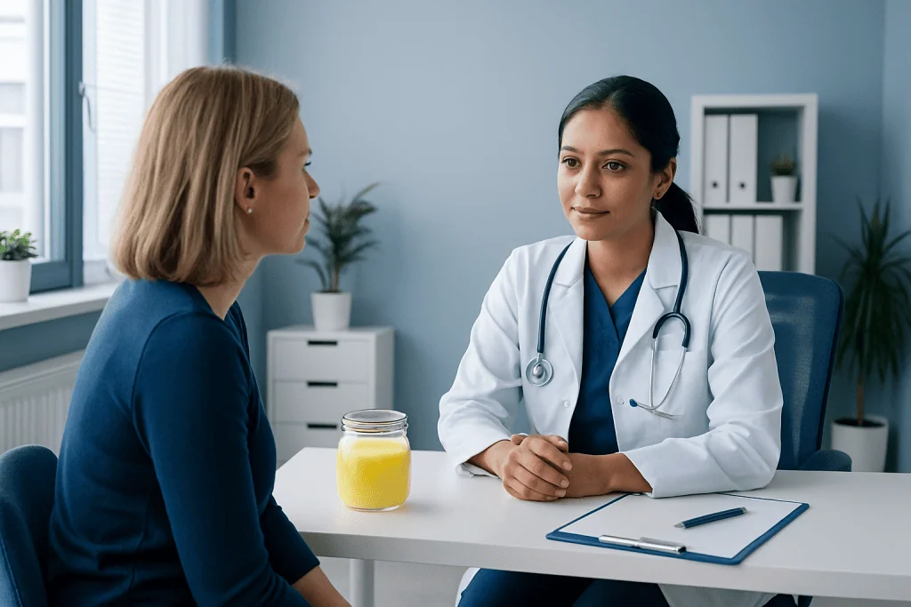 Doctor consulting a patient in a modern medical office setting.