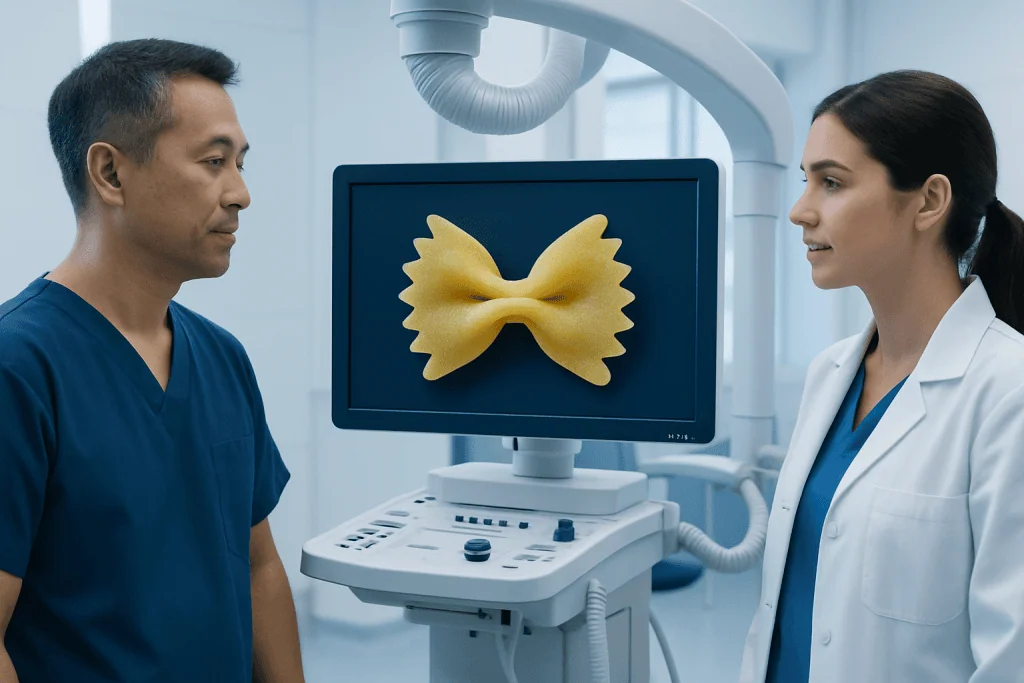 Medical professionals examining a computer screen with bow tie pasta image.