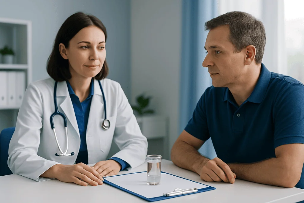Doctor consulting with a male patient in a medical office setting.