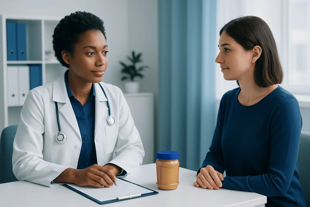 Doctor consulting with patient about health in a clinical setting.