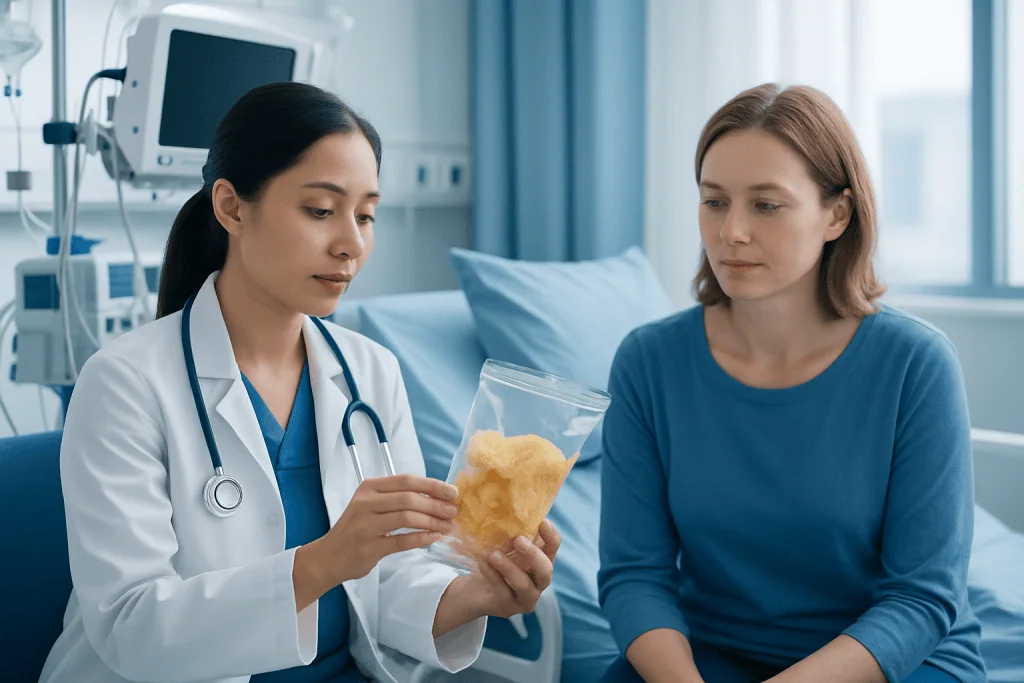 Doctor explaining chicharrones chips to patient in hospital setting.