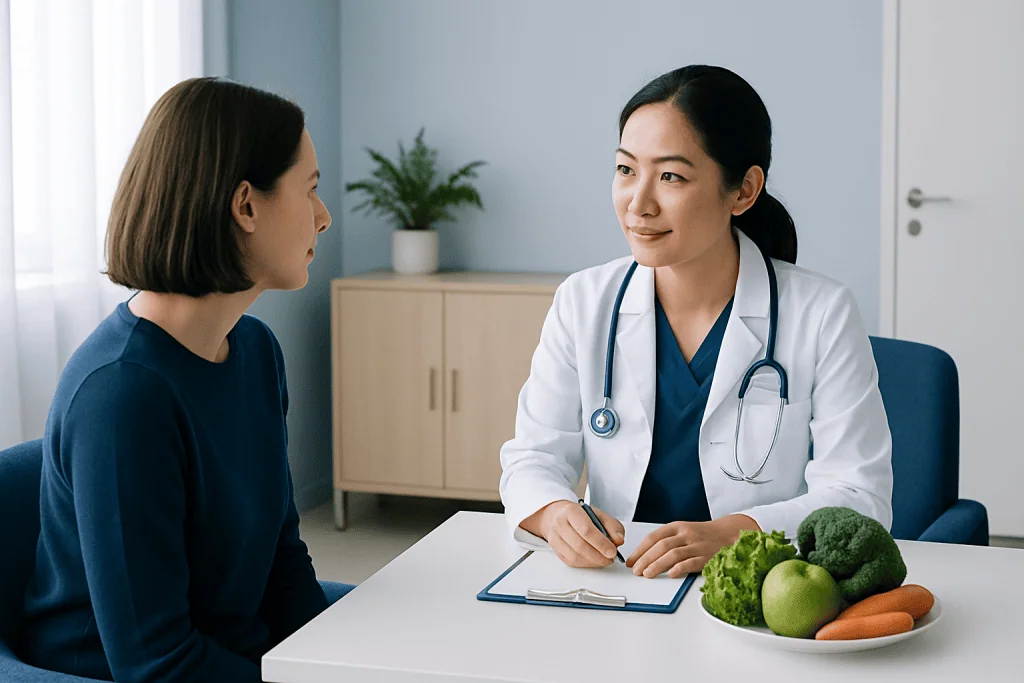 Doctor consulting with a patient in a medical office with fresh vegetables on the table.