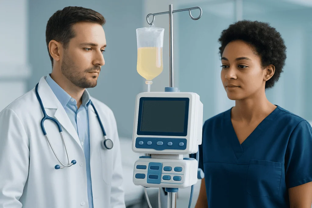 Medical professionals monitoring IV infusion in hospital setting.