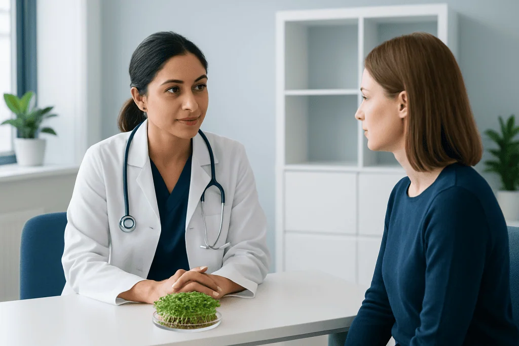 Doctor consulting with a patient in a medical office with microgreens on the table.
