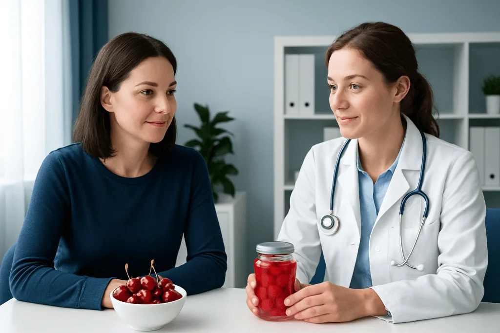 Doctor discussing cherry supplements with a patient in a clinic setting.