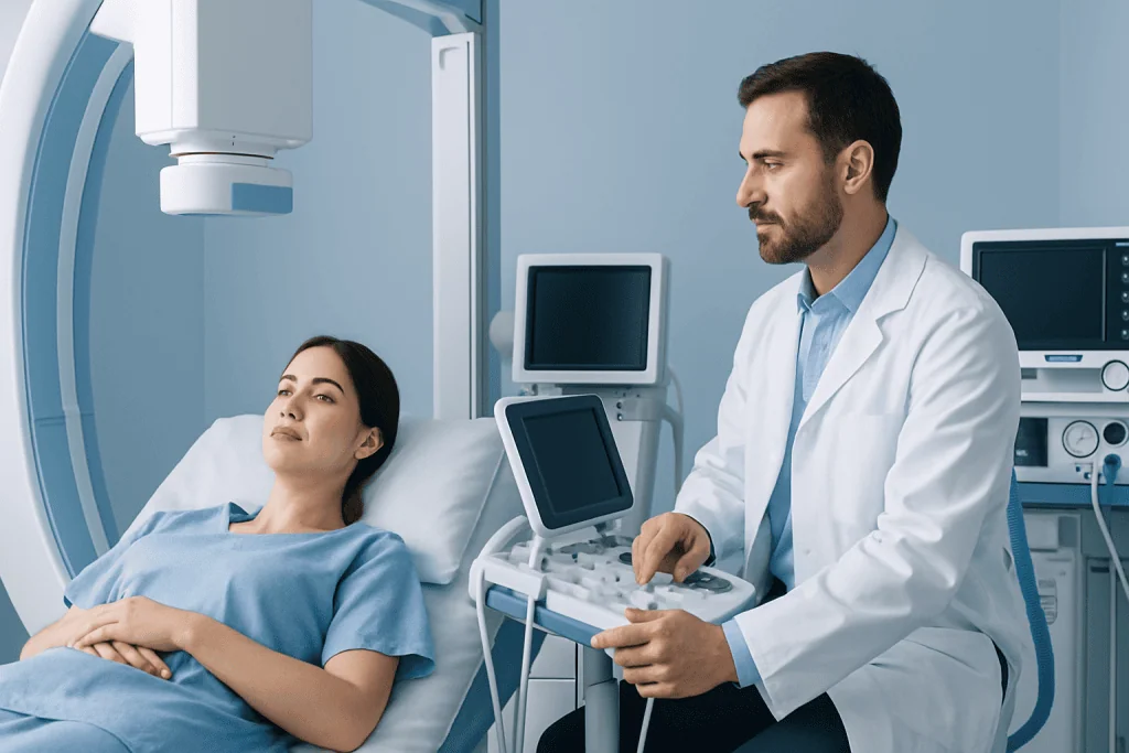 Doctor performing an ultrasound on a patient in a hospital room.